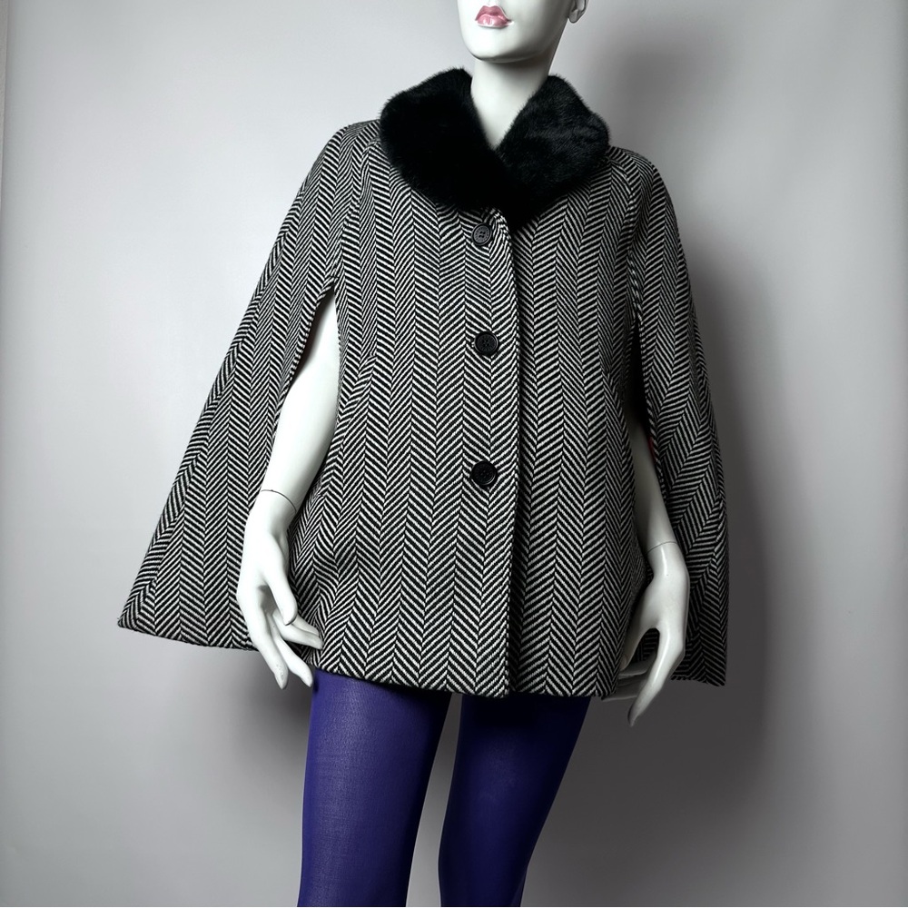 Talbots Faux Fur Collar Herringbone Cape